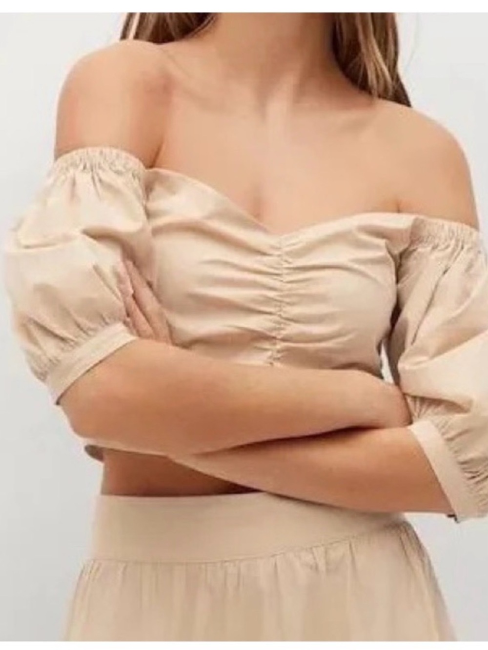 Mango x ASOS Off-The-Shoulder Balloon Sleeve Ruched Crop Top Size 4 NWT